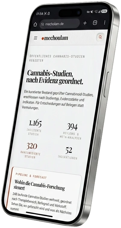 mechoulam.de auf einem Smartphone: öffentliches Cannabis-Studienregister